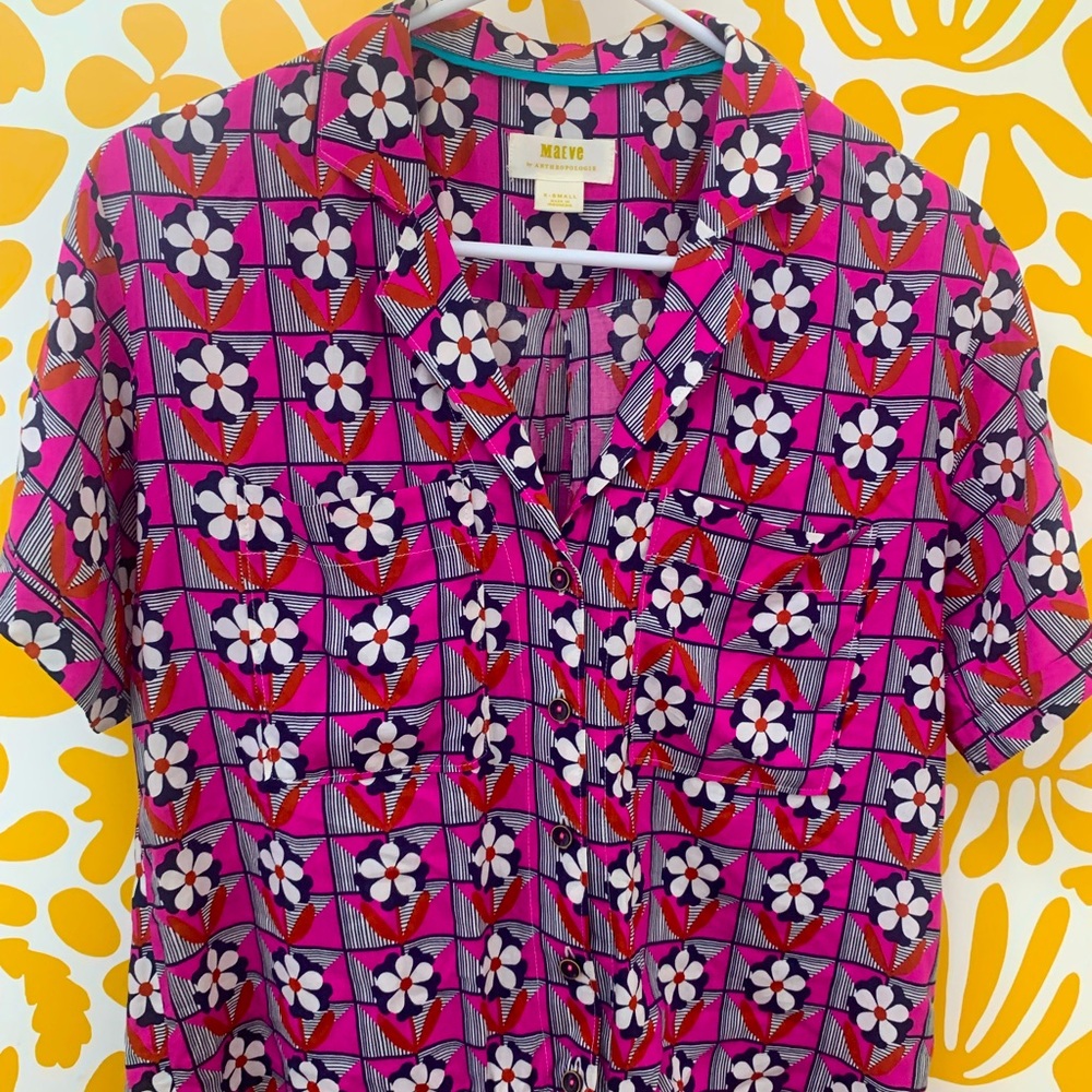 Anthropologie Maeve pink floral cabana collar/ surf shirt